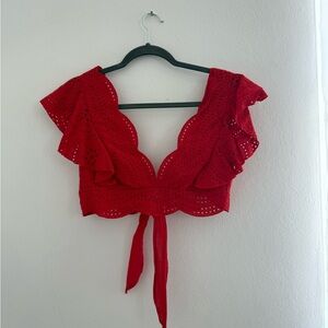 Red Flutter Sleeve Ruffled Crop Blouse